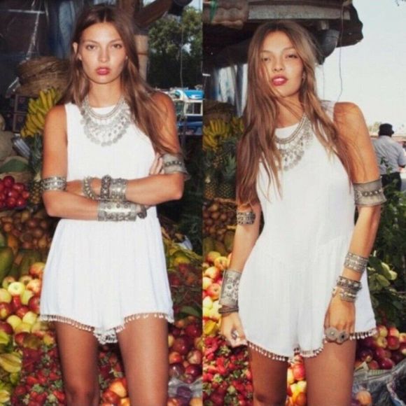 For Love And Lemons Pants - For Love & Lemons white pom pom tassel sleeveless lightweight romper jumpsuit